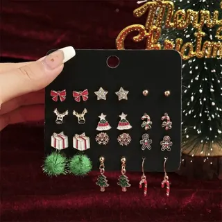 Christmas Earrings Set 12 Pairs - Alloy Reindeer Snowflake Gingerbread Christmas Tree Candy Cane Pom Pom Holiday Earrings for Women Girls Gift