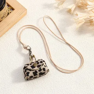 Cute Cow Print Leather Coin Purse Necklace, Beige Woven Rope Bag Charm, Mini Handbag Keychain Accessory for Women