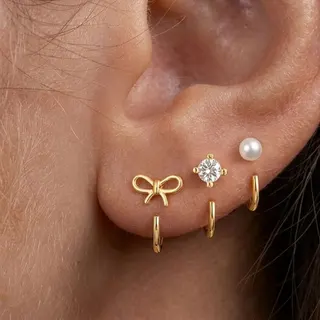 Stacking Zircon Stud Earrings Set - 18K Gold Plated Copper, Micro-set Cubic Zirconia Square & Round Studs with Mini Hoops, Minimalist French Style Multi-Piercing Combo