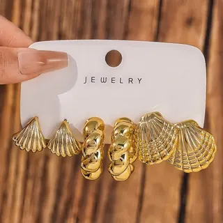 Gold Tone Alloy Earrings Set of 3 - Heart, Grid Square & Teardrop Studs, 18K Gold Plated Geometric Ear Jewelry for Women