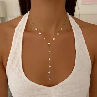 Y-Shape Lariat Necklace, Stainless Steel 18K Gold Plated with Cubic Zirconia, Minimalist Drop Pendant Chain, Hypoallergenic Long Necklace for Women, 40+5cm