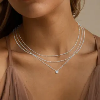 Gold Layered Necklace Set 3 Chains - Minimalist Diamond Pendant Beaded Chain, 18K Gold Plated Iron with Zircon, 35+10cm, French Chic Collarbone Necklace for Women