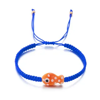 Fish Beaded Braided Bracelet - Black Woven Cord with Ceramic Fish Charm, Adjustable 14-28cm, Cute Minimalist Handmade Wristband for Women