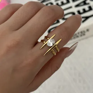 Geometric Zircon Ring for Women, Gold Stainless Steel Open Band, 18K Gold Plated Hypoallergenic, French Vintage Stackable Statement Ring