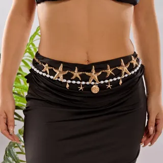 Boho Sea Star Pearl Waist Chain Belt - Double Layer Gold Alloy 18K Plated Adjustable Beach Bikini Body Jewelry for Women