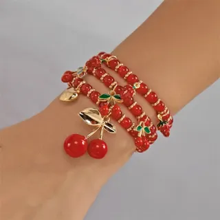 Cherry Heart Charm Multi-Layer Beaded Bracelet, Red Glass Beads with 18K Gold Plated Alloy Leaves, Sweet French Vintage Stackable Bracelet for Women, approx 18cm