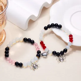 Halloween Spider Charm Bracelet for Couples, Gothic Dark Glass Bead & Alloy Stretch Bracelet Set of 2, 18cm Adjustable, Sweet-Cool Party Accessory