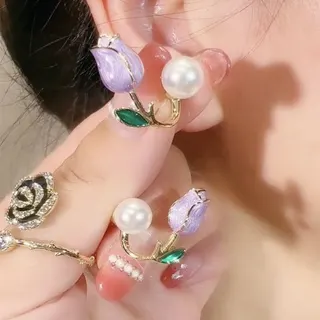 French Vintage Tulip Flower Pearl Earrings, 18K Gold Plated Alloy Enamel Dangle Studs, Sweet Pink Romantic Dainty Earrings for Women, 2x1.9cm Pair
