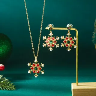Christmas Snowflake Necklace & Earring Set, Gold Plated with Pearl and Red Green Rhinestone, Holiday Party Jewelry Gift Set for Women