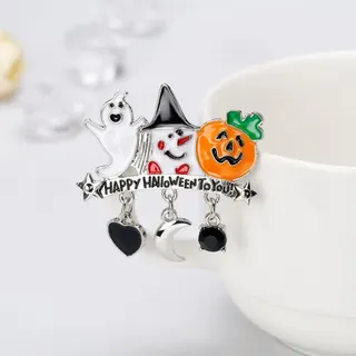 Halloween Ghost Pumpkin Pin Badge, Cute Jack-O-Lantern & Ghost Enamel Brooch with Dangling Charms, Happy Halloween To You Party Accessory, Alloy 4.2x4.4cm