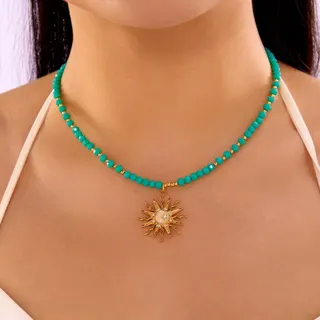 Sun Crystal Necklace Green Turquoise Bead Chain 18K Gold Plated Sun Pendant Boho Vacation Choker 38+5cm Adjustable