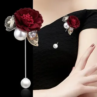 Vintage Floral Pearl Brooch for Women, Double Fabric Flower with Crystal & Gold Leaf, Long Pin Drop Brooch, Elegant Wedding Dress & Blazer Accessory