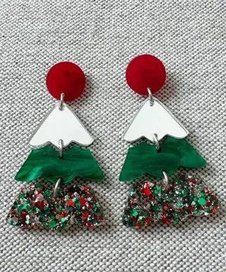 Christmas Tree Earrings for Women, Festive Red Green White Acrylic Dangle Earrings with Glitter Rhinestone, Hypoallergenic Steel Post, Holiday Party Gift Jewelry