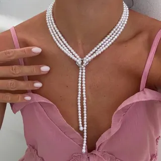French Vintage Multi-Strand Pearl Necklace Women, Long Y-Drop Dangle Chain, Alloy Rhinestone Pearl, ~160cm Elegant Collarbone Jewelry