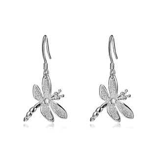 Elegant Dragonfly Dangle Earrings, Silver Plated Copper with Rhinestones, Sandblasted Insect-Inspired Hook Earrings for Women, 1 Pair