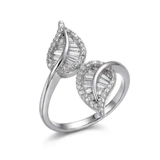 Vintage Leaf Zircon Open Ring Women White Gold Plated Copper Adjustable Asymmetric Double Leaf Micro-Pavé Band 1.8cm