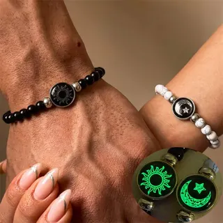 Glow in the Dark Sun & Moon Beaded Bracelet Set - Black Glass Beads with Silver Accents, 18cm Couple/Bestie Astral Bracelet, Retro Celestial Design