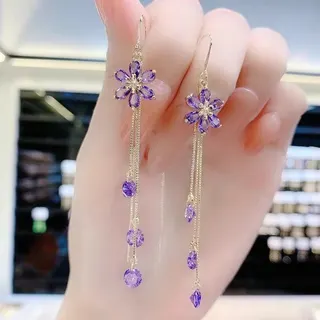 Zircon Flower Tassel Earline Earrings, 18K Gold Plated Alloy, Hand-Set Cubic Zirconia Petals with Drop Dangles, 8.5cm Long Dangle Earrings for Women, White, Pair