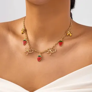 Strawberry Bow Necklace - 18K Gold Plated Alloy & Rice Bead, Sweet Girl Choker Chain 38+5cm Adjustable, Red Fruit Charm Pendant for Women