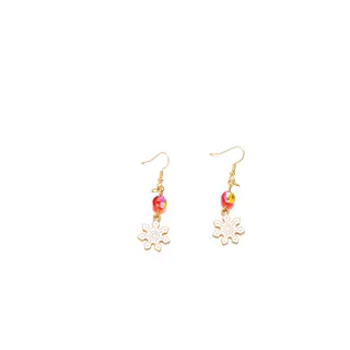 Christmas Snowflake Dangle Earrings for Women, Gold-Plated Alloy with Pink Bead & Hollow Snowflake Charm, Festive Sweet Jewelry