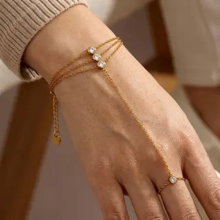 Gold Stainless Steel Multi-Layer Hand Chain Bracelet with Zirconia, Wrist-to-Finger Hand Chain Ring Set, Hypoallergenic 18K Gold Plated Fine Chain Jewelry for Women