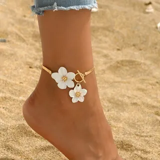 White Flower Ankle Bracelet for Women, 18K Gold Plated Alloy with Toggle Clasp, Adjustable Beach & Summer Jewelry, Elegant White Enamel Blossom Anklet