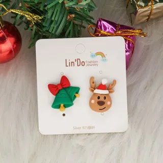 Christmas Bell & Reindeer Asymmetric Earrings, Cute Cartoon Clay Alloy Studs with 925 Silver Post, Festive Holiday Gift Jewelry for Women