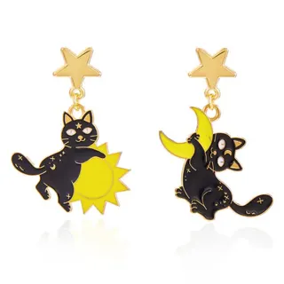 Sun Moon Black Cat Asymmetric Dangle Earrings, Star Stud Earrings, Cute Gothic Alloy Ear Jewelry for Women, Halloween Fun Dangle Earrings 2.7x3.7cm