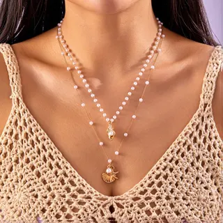 Pearl Conch Starfish Shell Necklace 2-Piece Set, French Vintage Beach Style, 18K Gold Plated Alloy with Pearl, Layered Long Chain 45+5cm, Ocean Charm Pendant for Women