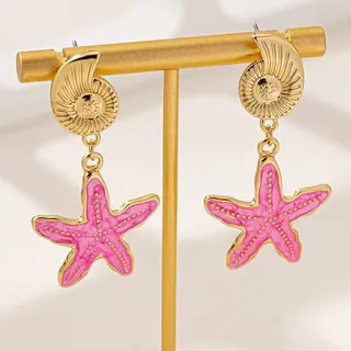 Pink Enamel Starfish & Conch Shell Drop Earrings, 18K Gold Plated Alloy, Ocean Vacation Boho Dangle Earrings for Women, 5x2.7cm