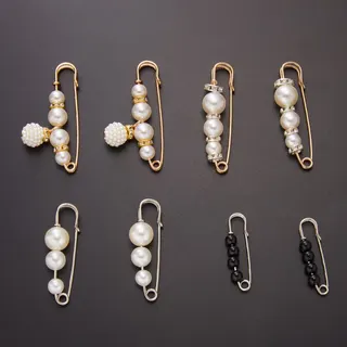 8pcs Pearl Brooch Set - Round Imitation Pearl & Crystal Safety Pin Brooches, Gold & Silver Alloy, Vintage Elegant Lapel Pins for Wedding Dress Blazer