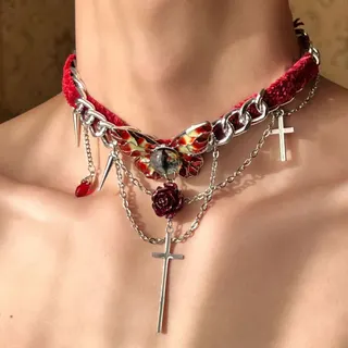 Gothic Red Velvet Butterfly Cross Necklace Punk Dark Spike Rose Multi-Layer Choker Alloy Silver Plated Statement Collar 35+5cm