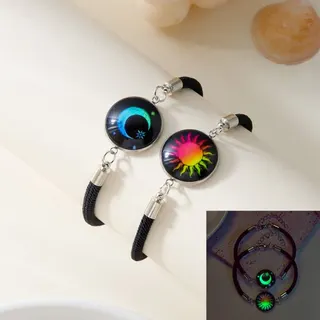 Glow in the Dark Sun & Moon Couple Bracelet, Stainless Steel + Glass Bead + Braided Rope, Adjustable 17.5+5cm, Black Set of 2, Gothic Starry Gift for Him & Her