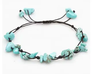Natural Turquoise Tumbled Stone Beaded Bracelet, Adjustable Braided Cord Boho Handmade Wristband for Women, 16-32cm