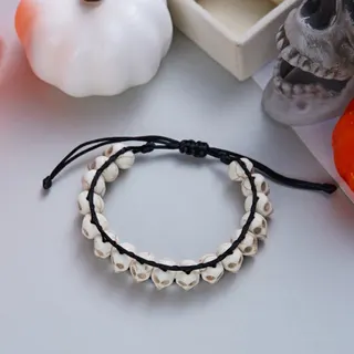 Halloween Skull Bracelet - Turquoise Carved Skull Beads, Adjustable Black Braided Cord, Gothic White Beaded Wristband 18-26cm, Festival Party Jewelry