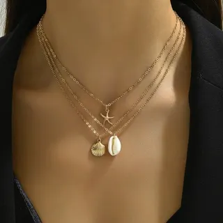 Ocean Shell & Starfish 3-Piece Layered Necklace Set, 18K Gold Plated Alloy with Natural Shell Pendants, Boho Beach Vacation Jewelry for Women