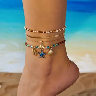 Ocean Starfish Beaded Anklet Bracelet - Blue Enamel Starfish & Shell Charm, 18K Gold Plated Alloy, Adjustable 20+5cm Beach Boho Jewelry for Women