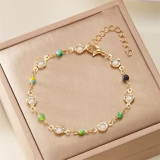 Crystal Bead Ankle Bracelet with Colorful Printed Beads, Gold Tone Adjustable Clasp, Summer Foot Chain for Women, Beach Boho Jewelry