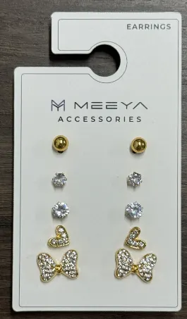 MEEYA Butterfly Bow & Heart Stud Earrings Set of 5, 18K Gold Plated Copper with Cubic Zirconia, Sweet Elegant Dangle & Round Studs for Women, Wedding Bridesmaid Gift