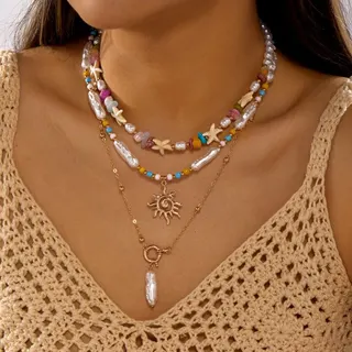 Boho Sun & Starfish Pearl Beaded Necklace 3-Piece Set, Gold Tone, Freshwater-Style Pearl + Alloy + Crystal + Rice Beads, 35+5cm Adjustable Extender Chain, Vacation Beach Layering Jewelry