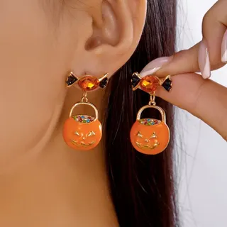 Halloween Pumpkin Earrings - Alloy Enamel Dangle Earrings, Vintage Cute Pumpkin Drop Earrings with 18K Gold Plating, Fall Party Festival Jewelry, Approx 6x2.5cm