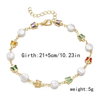 Colorful Butterfly Pearl Enamel Anklet - 18K Gold Plated Alloy Charm Bracelet with Adjustable Extender Chain, French Vintage Sweet Style Foot Jewelry for Women