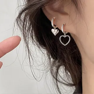 Asymmetric Heart Hoop Earrings - Solid & Hollow Love Charm Dangle Earrings in White Gold Plated Copper, Minimalist Statement Ear Jewelry for Women