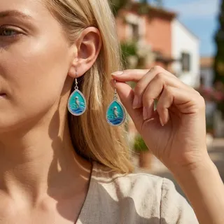 Seahorse Enamel Drop Earrings - White Gold Plated Alloy Teal Ocean Wave Dangle Earrings for Beach Vacation