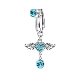 Angel Wings Heart Belly Button Ring, Lake Blue Crystal Navel Piercing, Alloy Rhinestone Dangle Navel Jewelry, Sweet Girl Body Accessory