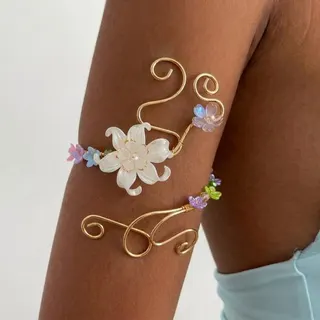 Bohemian Floral Arm Cuff - Gold Wire Wrap Bracelet with Acrylic Flowers & Pearl, Summer Vacation Wedding Bangle for Women