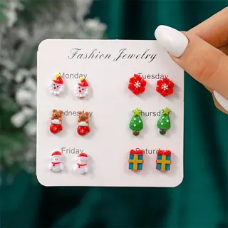 Christmas Cartoon Resin Stud Earrings - Snowman Reindeer Tree 6 Pairs Weekly Set, Cute Holiday Gift Earrings for Women Girls