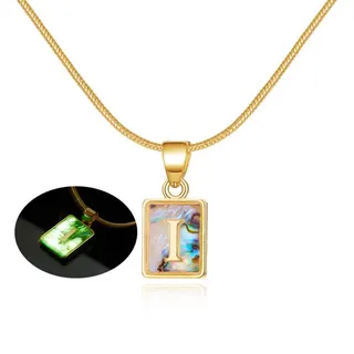 Glow-in-the-Dark Letter L Pendant Necklace, 18K Gold Plated Snake Chain, Square Abalone Shell Frame, Personalized Initial Jewelry Gift for Women