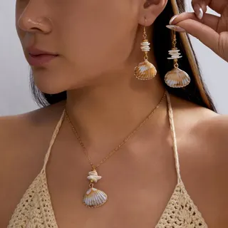 Boho Seashell Earrings & Necklace Set, Gold Alloy Mother-of-Pearl Dangle Earrings with Scallop Pendant, Beach Vacation Jewelry Set for Women