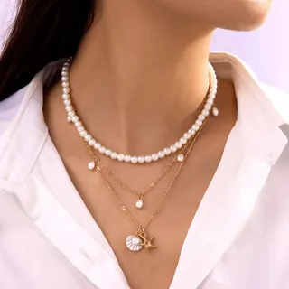 Vintage Sea Star Shell Pearl Necklace Set of 3, Layered 18K Gold Plated Alloy Clavicle Chain, Ocean Style Pendant Necklace for Women